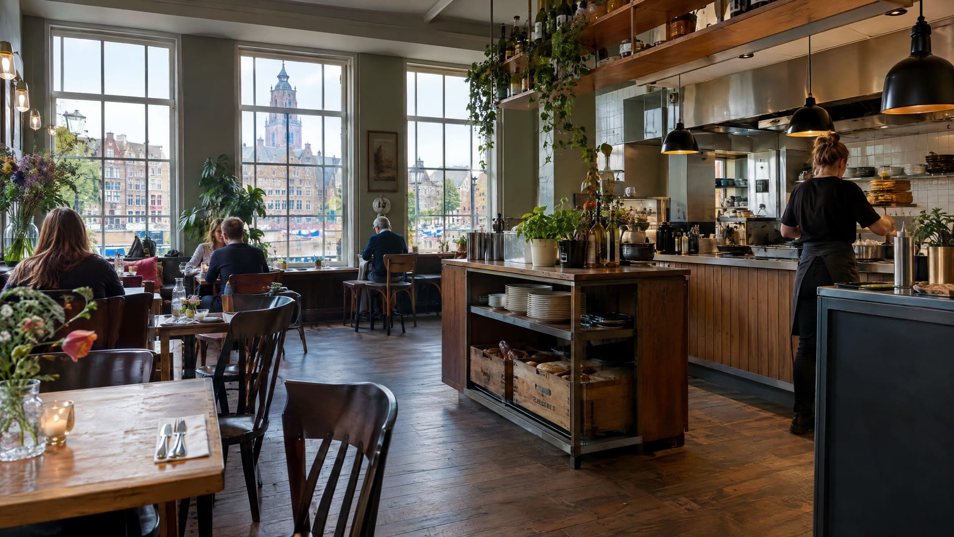 Sfeerbeeld van een eetzaal met houten tafels, hanglampen en een open keuken achter de toonbank